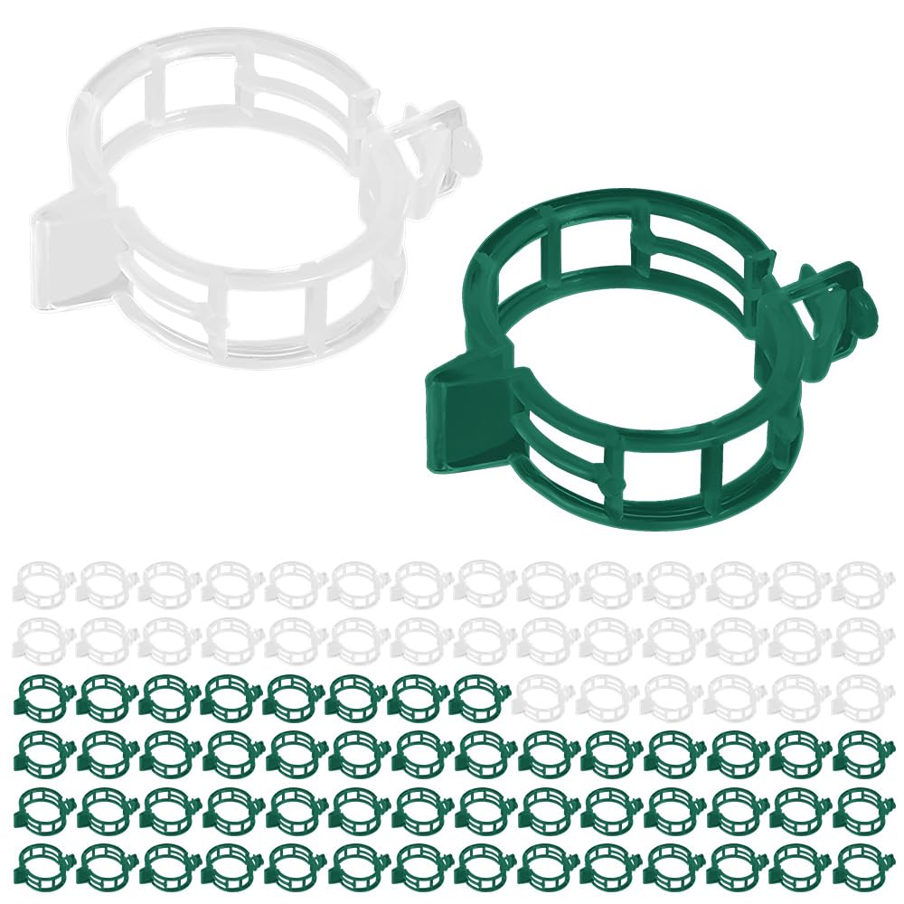 FEIHS 100 Pcs Plant Clips, Plastic Trellis Clips, Tomato Grape Vine Vegetables Plant Fixing Clips-Fix Stems/Vines/Seedlings for Prevent Lodging for Potted/Garden(White+Green)