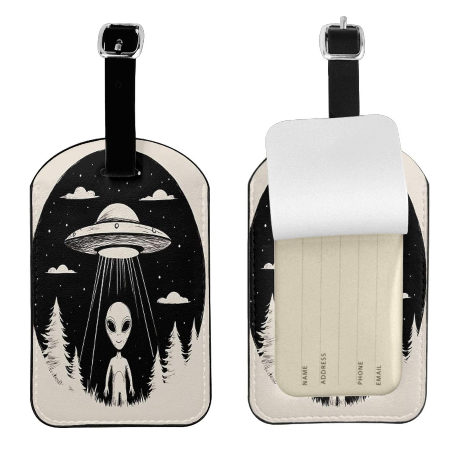 UESEU Alien Luggage Tag for Suitcases,Sweet Humanoid Landed from UFO Tree PU Leather Baggage Tags Bag Tags Travel Id Label for Luggage Women Men -1