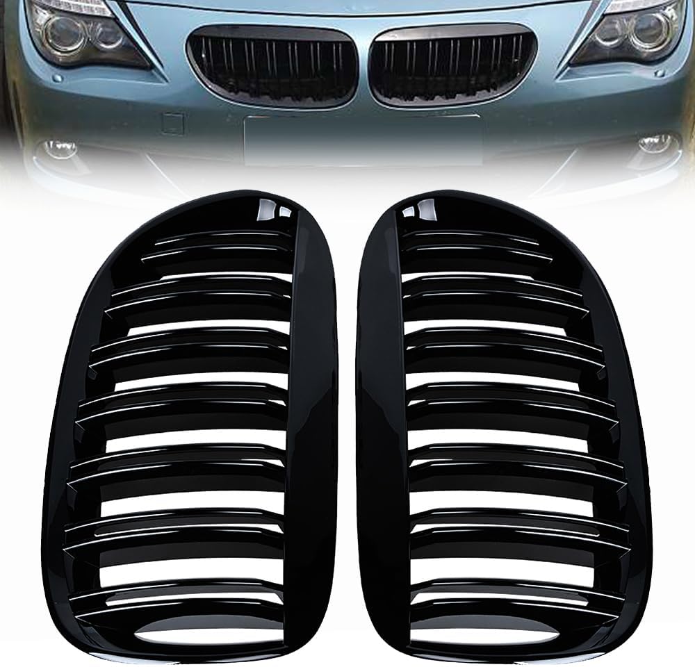 Glossy Black Front Bumper Hood Kidney Grille Grill for 2004-2010 BMW E63 E64 M6 6-Series 645Ci 650i 2-Door OE# 51137077931, 51137077932 - Left Driver, Right Passenger, Vertical Style