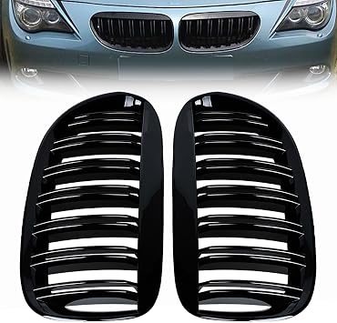 Glossy Black Front Bumper Hood Kidney Grille Grill for 2004-2010 BMW E63 E64 M6 6-Series 645Ci 650i 2-Door OE# 51137077931, 51137077932 - Left Driver, Right Passenger, Vertical Style