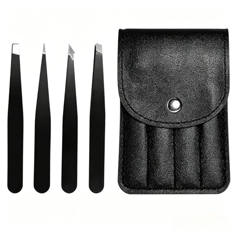 Conjunto de 4 pinças de aço inoxidável de precisão com estojo de armazenamento de