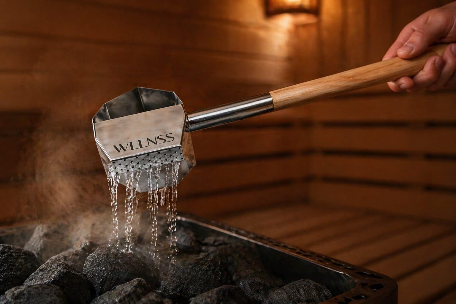 Saunakelle mit Regeneffekt 500 ml – Große Edelstahl Aufgusskelle mit langem Holzgriff – Gleichmäßiger Saunaaufguss – Premium Sauna Zubehör im Geschenk Beutel