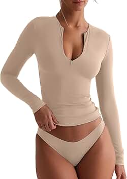 REORIA Double Lined Sexy Quarter Zip Long Sleeve Cute Croped