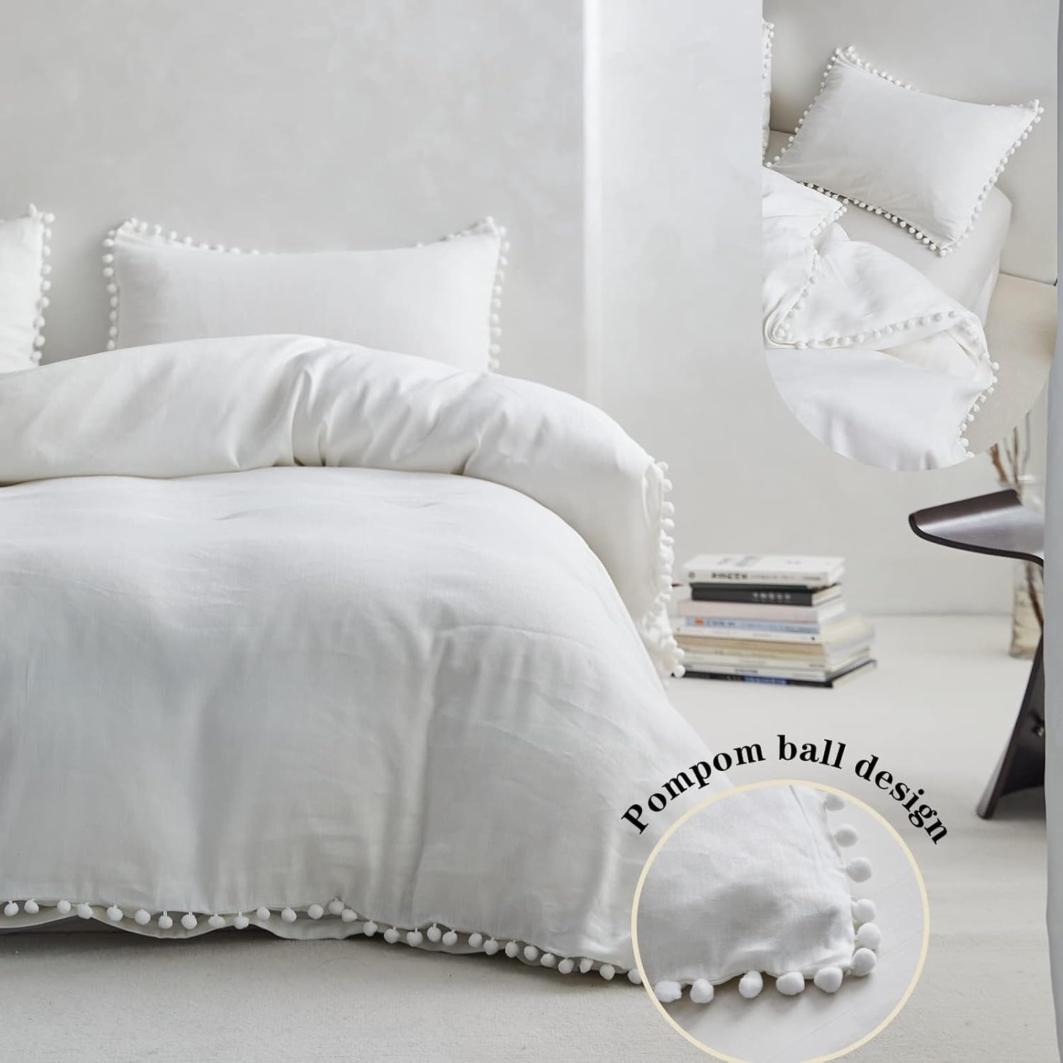 Simple&Opulence French Linen Blended Duvet Cover King, Flax Viscose Derived from Bamboo Bedding Set with Pom Pom Trim Soft Cooling for Hot Sleepers, 1 Boho Comforter Cover and 2 Pillow Shams, White