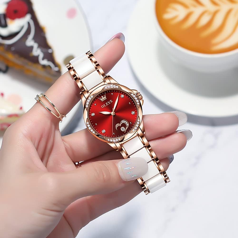 OLEVS Watch for Women Automatic Self Winding Mechanical Ladies Wrist Watch Big face Two Tone Stainless Steel Ceramic Bracelet Heart Diamond Fashion Luxury Ceramic Band Luminous Waterproof
