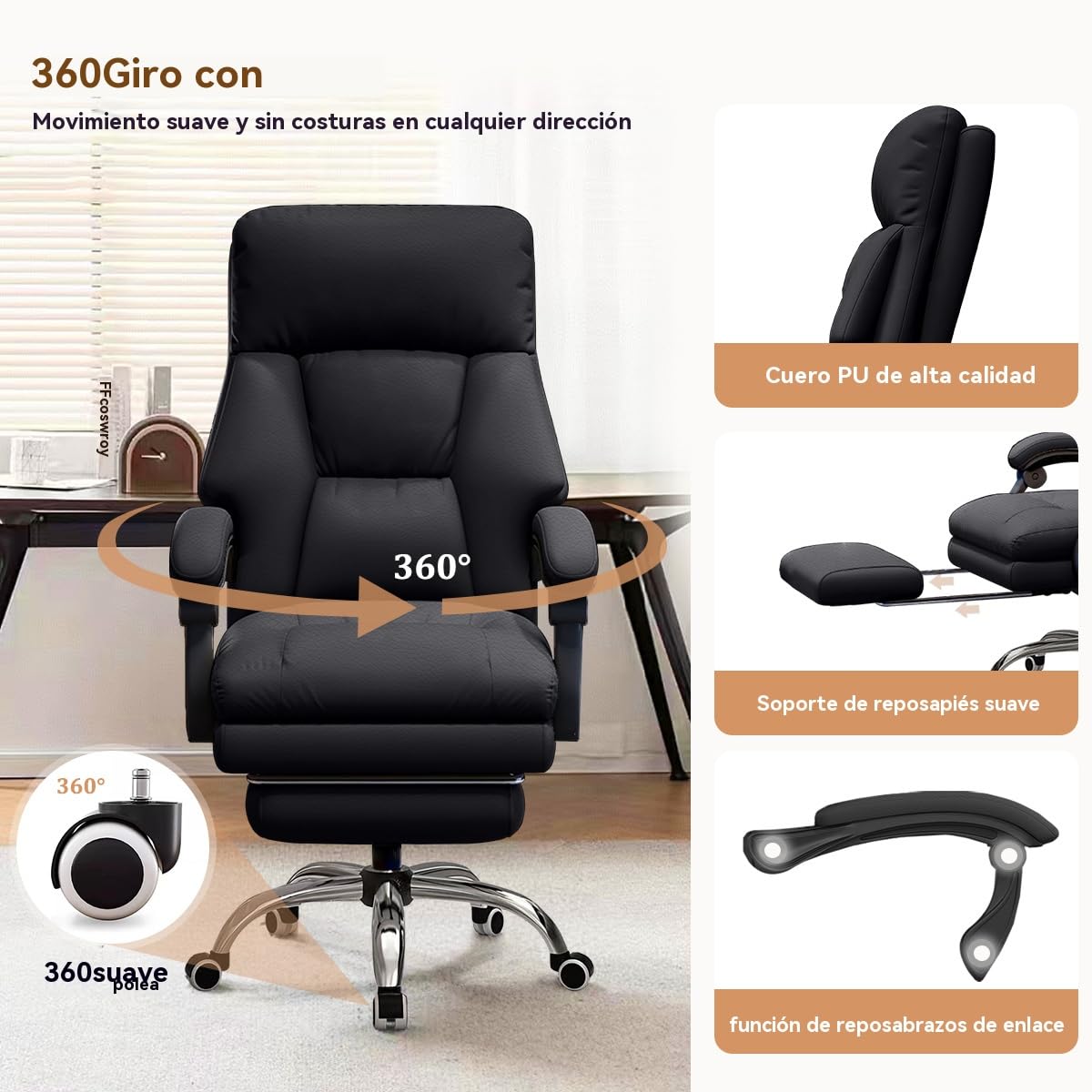Silla de Oficina con Reposapiés, Silla de Oficina Ejecutiva de Respaldo Alto de Cuero con Ruedas, Sillas de Escritorio Ergonómicas con Soporte Lumbar para Oficina en Casa