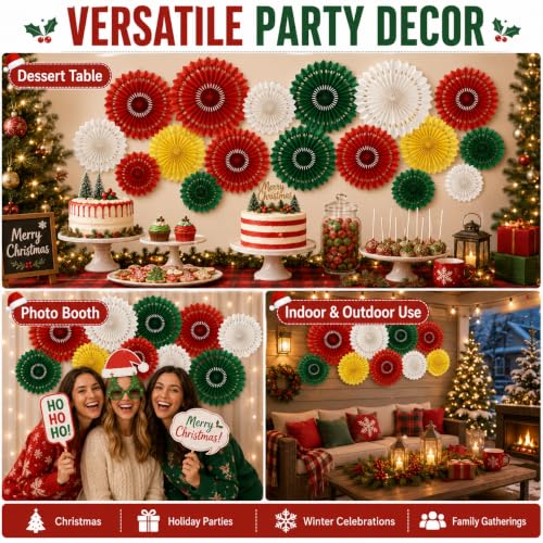 Image of Christmas Hanging Honeycomb Round Paper Fans Decoration Winter Theme Tissue Paper Fan Garland for Shower Birthday Graduation Wedding Party Supplies 11 Count