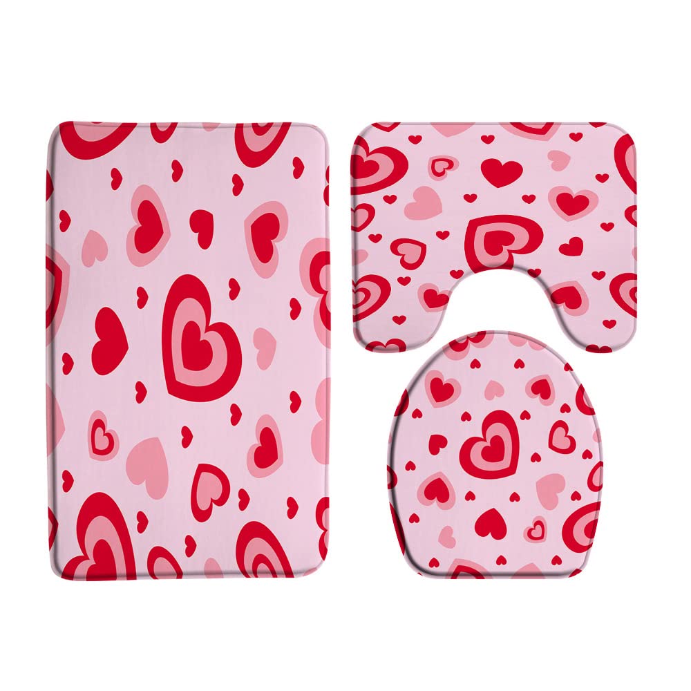 VPUPCN Valentine's Day 3 Pcs Bath Rugs Set,Red Pink Heart Sweetheart Romantic Love Couple Modern Bathroom Kitchen Rug with 17.8
