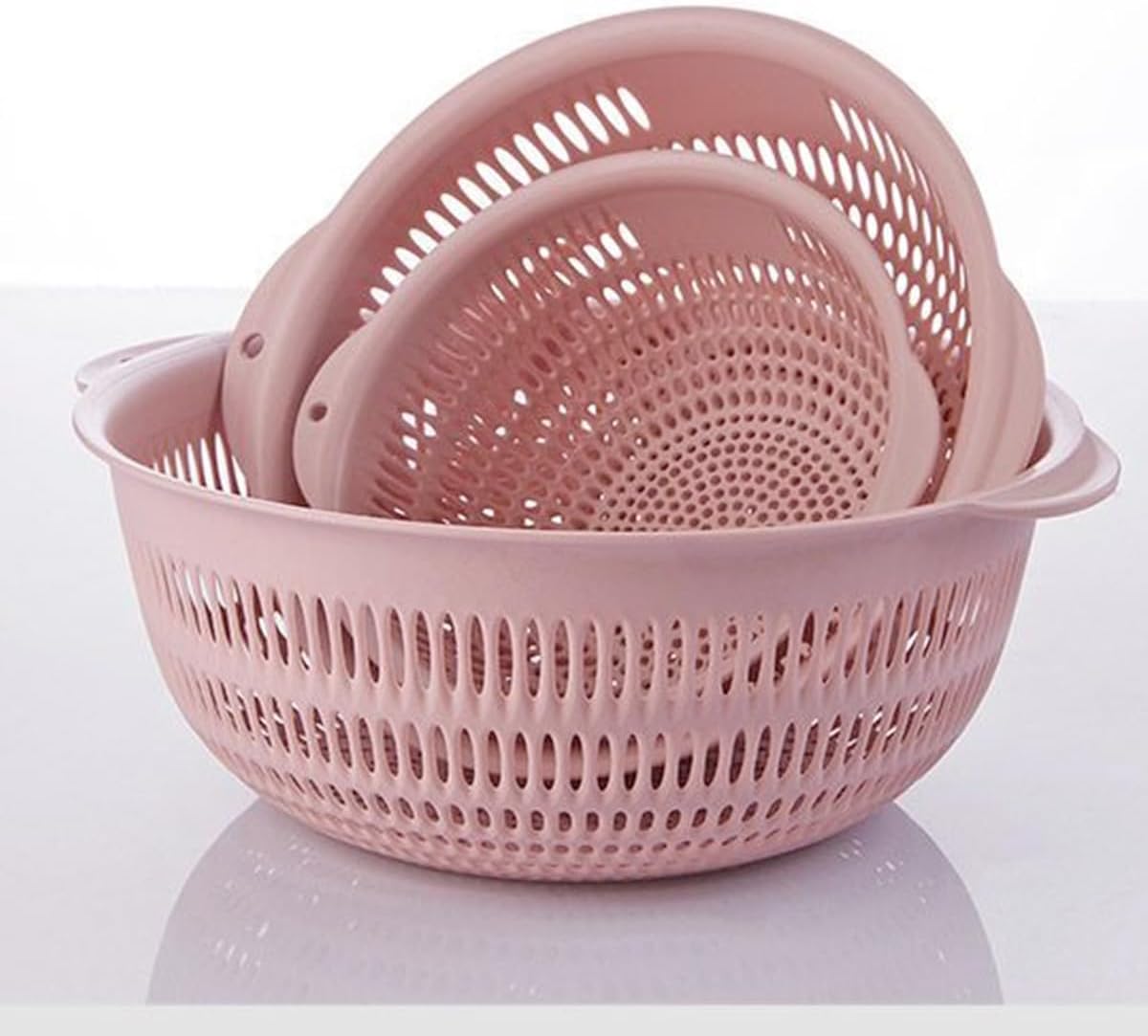 3 Pack Plastic Colander Baskets Mesh Sieve for Rinsing Draining and Air Drying Vegetables Fruits Berries Salad, Diameter 11-inch（Powder)