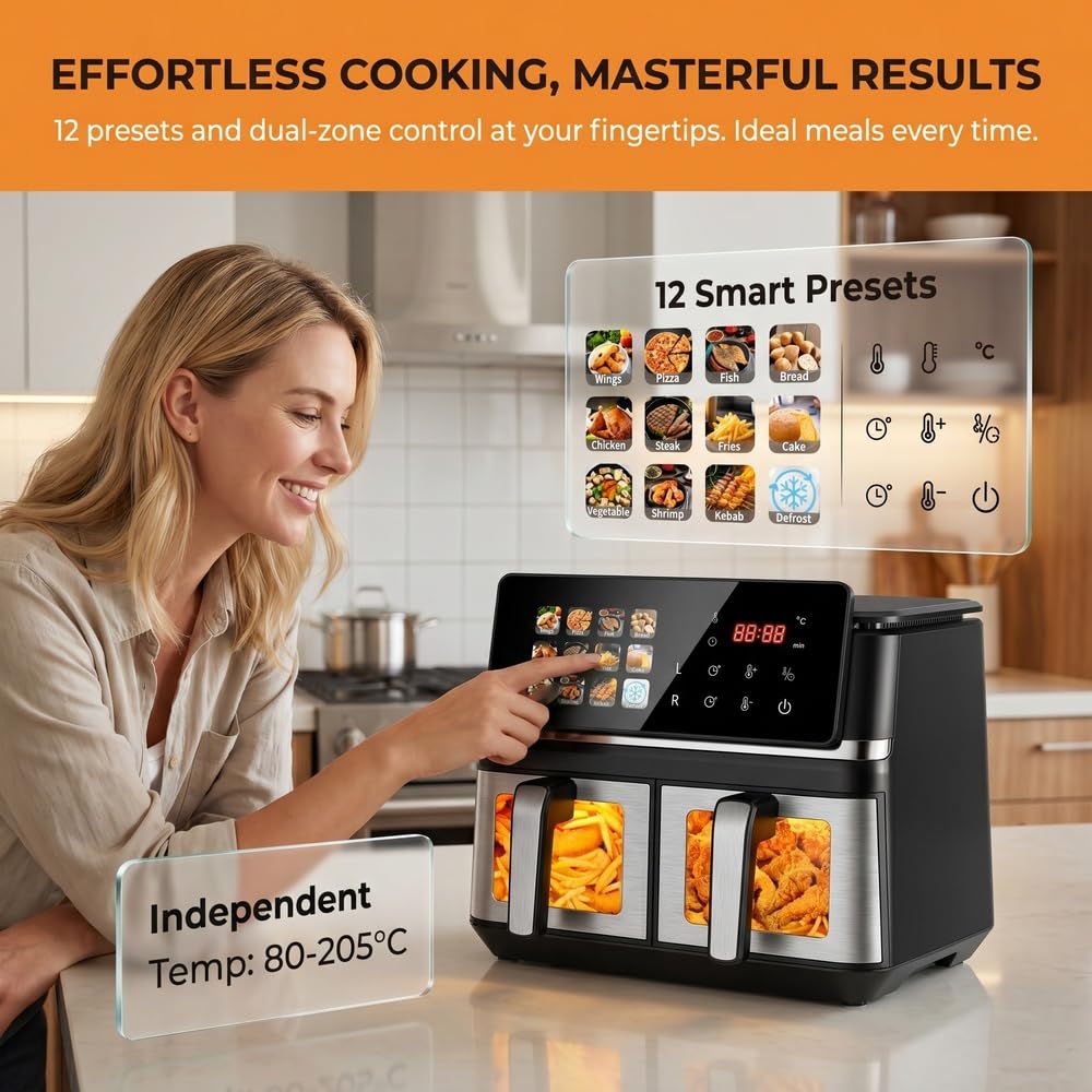 Air Fryer Grande 5+5 Litros, Freidora de Aire de Doble Cesta Airfryer con Ventana,Multifunción 12 en 1, Revestimiento antiadherente apta para lavavajillas e incluye un obsequio
