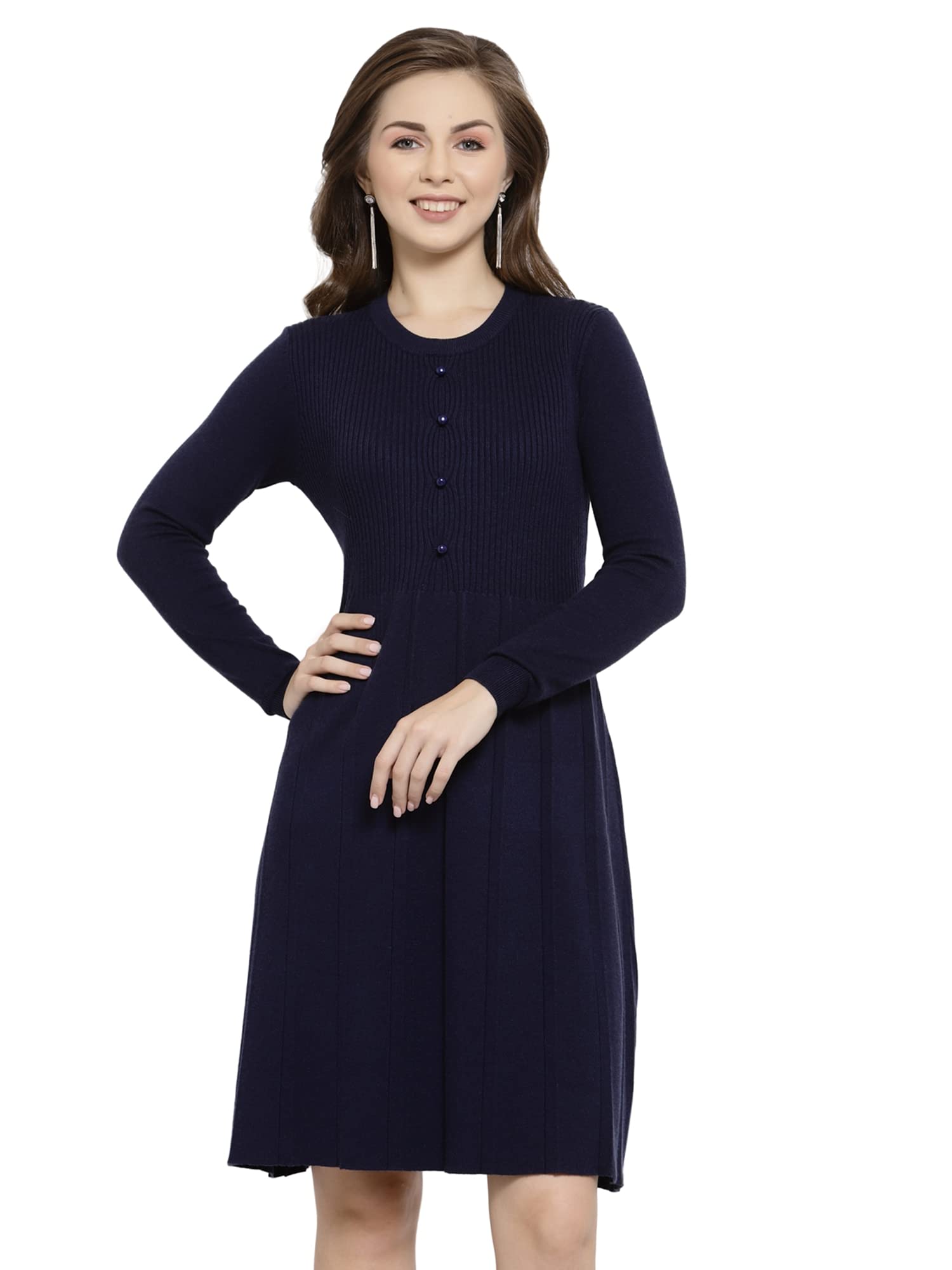 Mafadeny Women Blue Self Round Neck Knee Length Viscose Skater Dress