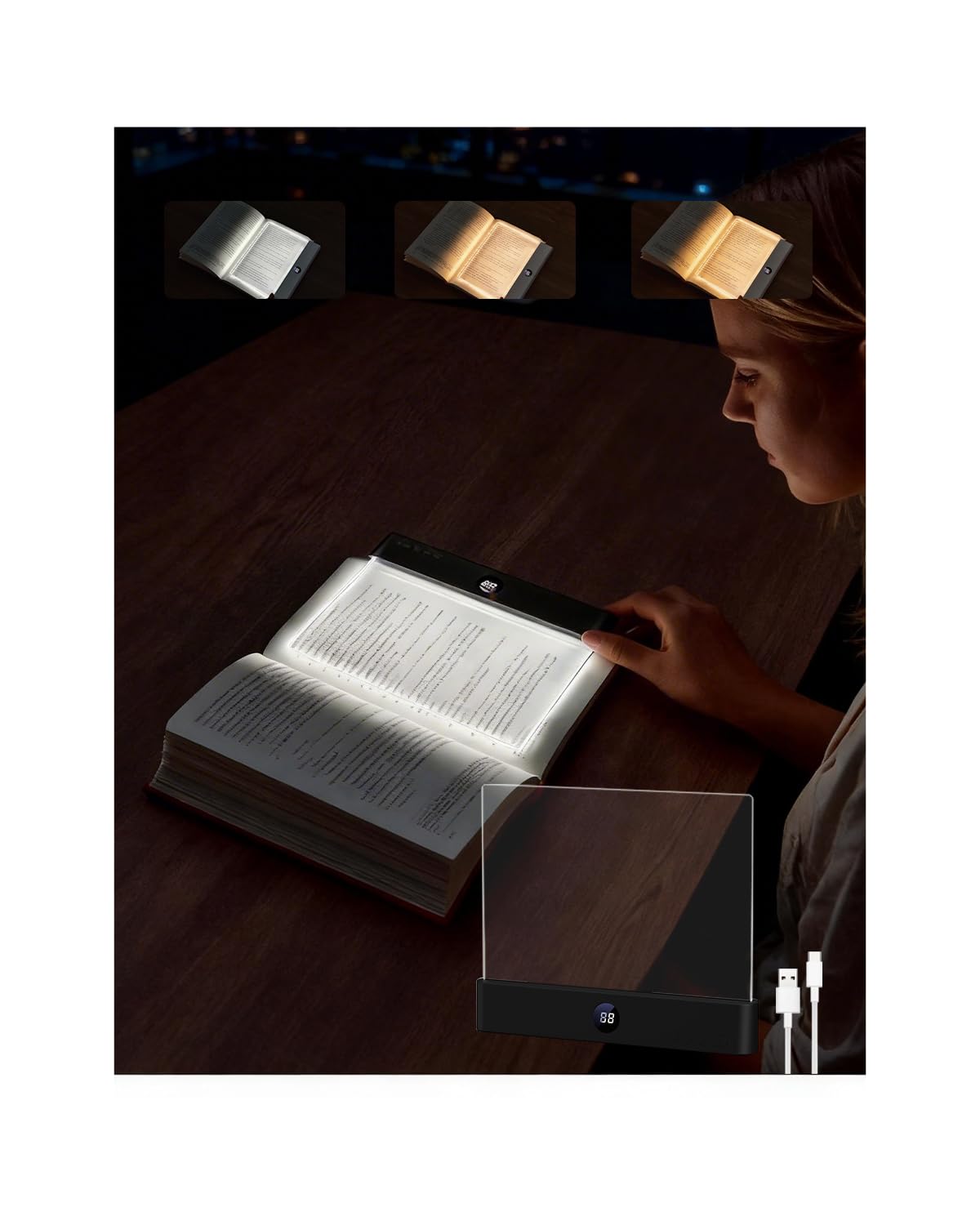 AdalyRoma Rechargeable LED Flat Book Light | 3 Color Temperatures, Dimmable Brightness, Timer, Eye Protection, Portable for Home, Travel and Office