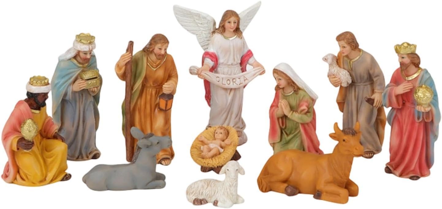 Miniature Christmas Nativity Scene Figurine Set, Holy Family Statue with Jesus Mary Joseph Wise Men, Resin Indoor Outdoor Decor