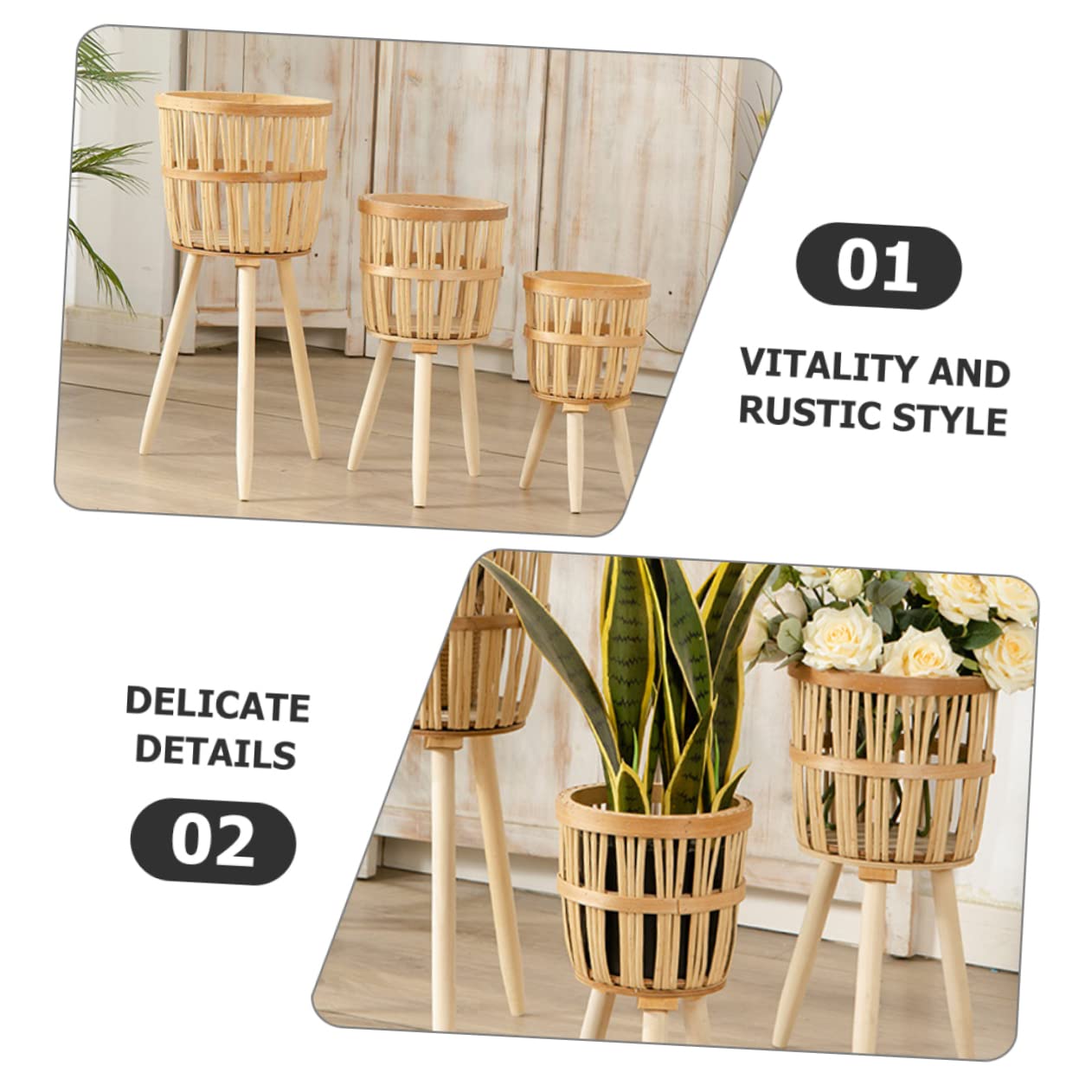 BESTonZON Pot de Fleurs en Bambou Tissé Fait Main, Support de Pot de Fleurs Rustique en Bois, Cache-Pot pour Intérieur et Jardin, Décoration Naturelle Solide