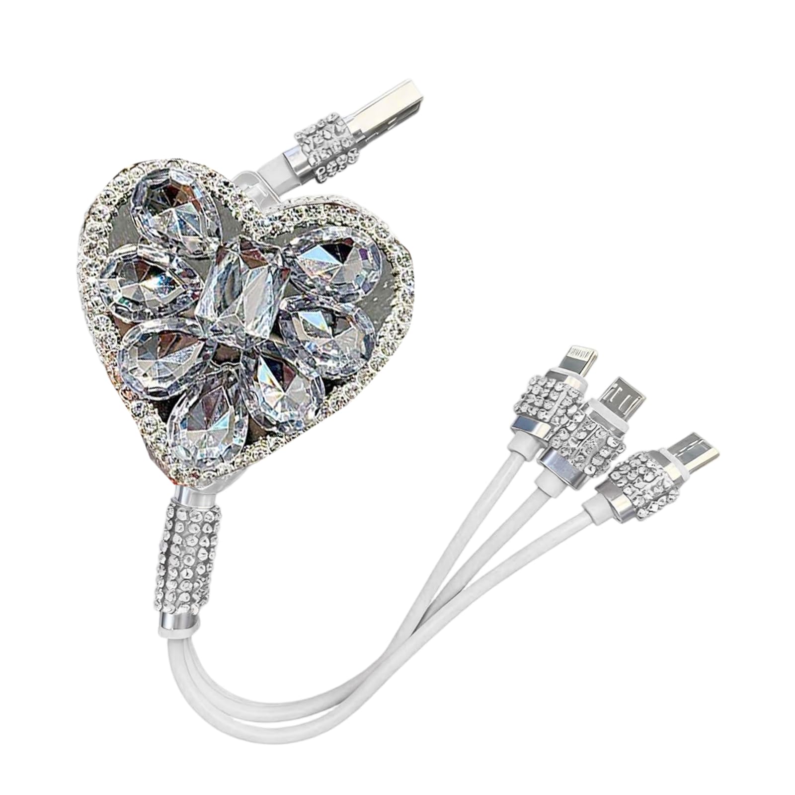 Multi Ladekabel, 3 in 1 Bling Strass Einziehbares Auto Ladekabel mit Typ-C/Lightning/Micro USB Steckern, Universal Sparkly Auto Innenraum Zubehör (Weiß)
