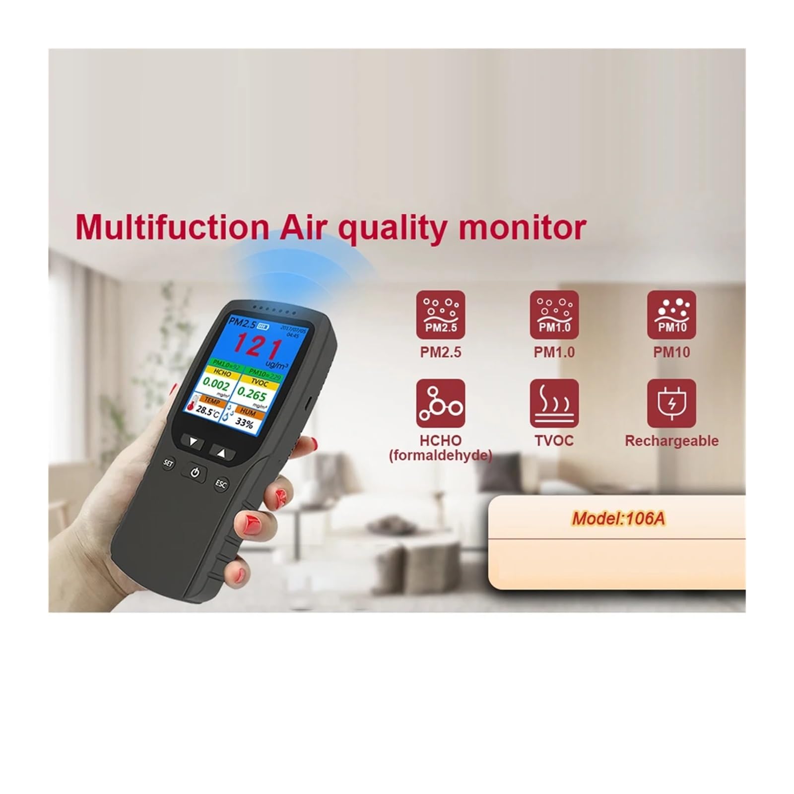 Detector portátil de PM2.5 for interiores, termohigrómetro multifuncional, detector de aire digital LCD for el hogar, analizador intelinte de calidad del aire Alta sensibilidad, respuesta rápida