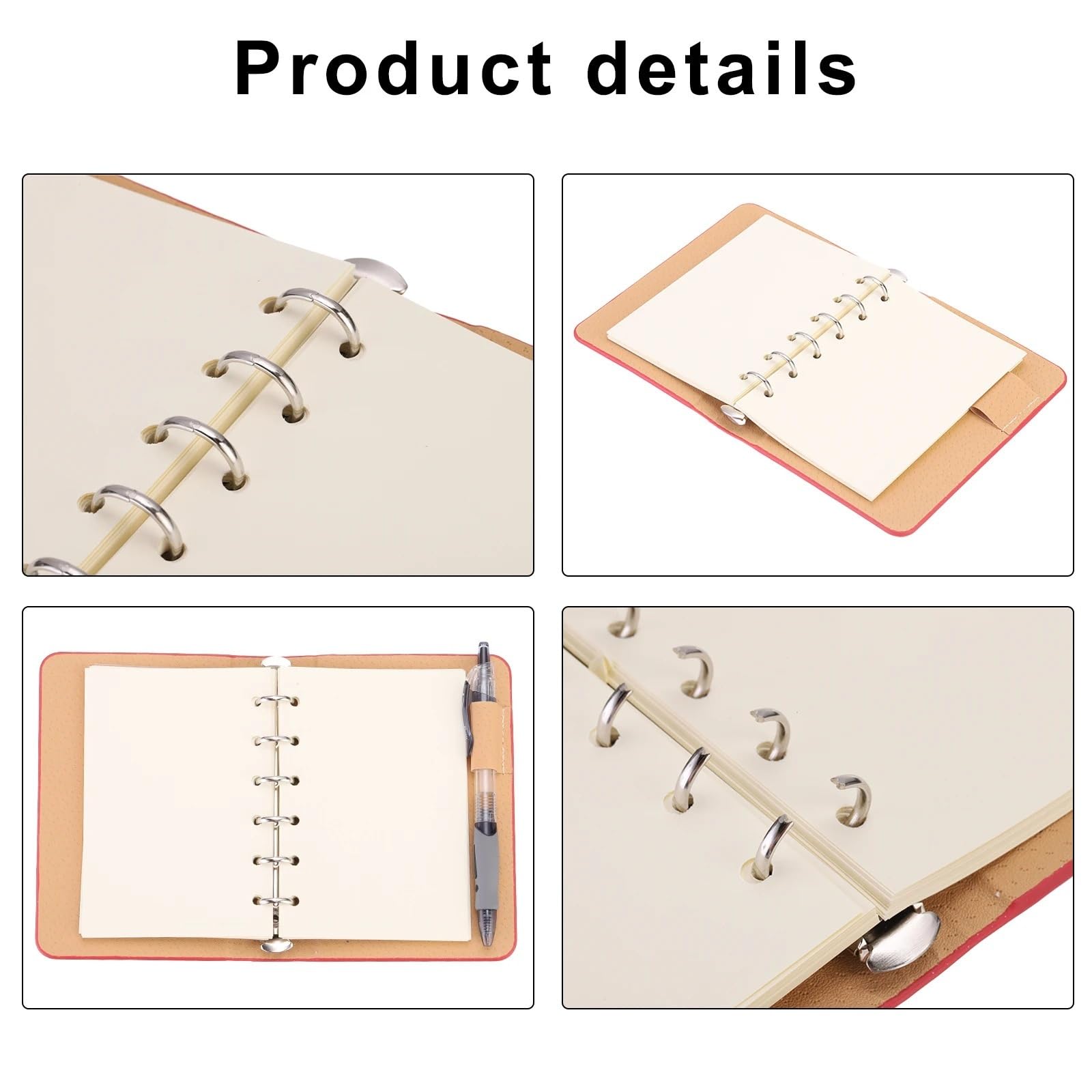 1/2 Paquete de Cuaderno de Cuero A7 con 6 Anillas, Mini Agenda Personal de Hojas Sueltas Recargable con 50/100 Hojas de Papel(Red 2Pcs)