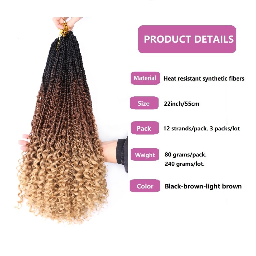 22 Inch Ombre Boho Box Braids Pre Looped Goddess Crochet Braids with Curly Ends 3 Packs Bohemian Braiding Hair Extensions for Women (Black-Brown-Light Brown) - Image 2