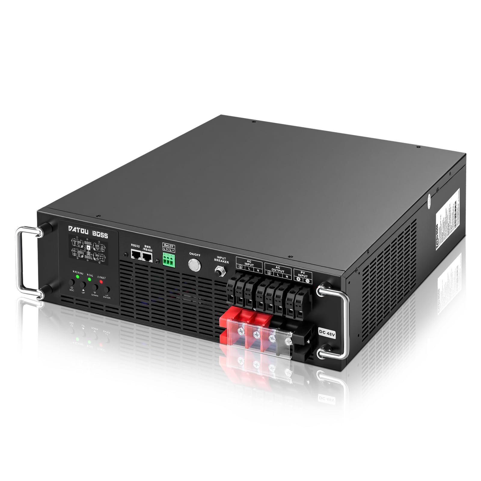 DATOUBOSS Inversor Solar Híbrido 6200W 48V Rack 3U, Onda Sinusoidal Pura 230V, Controlador MPPT 120A, Entrada Fotovoltaica 8500W, Función UPS, Compatible con Baterías LiFePO4 48V, Pantalla LCD