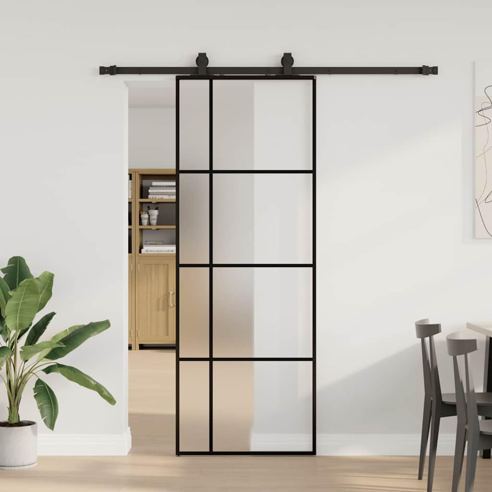 Gecheer Frosted ESG Glass Sliding Door with Powder-Coated Steel Hardware - Transparent/Black, 76x205 cm - Ideal for Bedroom, Kitchen, Barn, Garage Model3375809