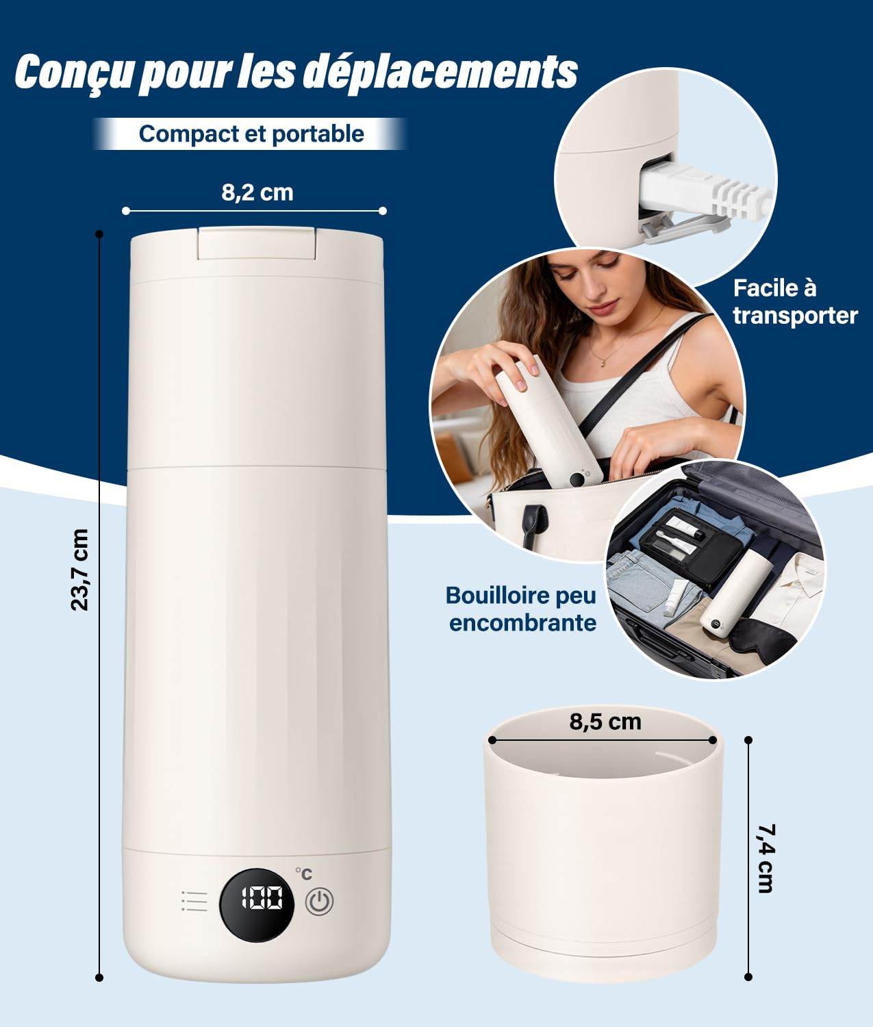 PAHTTO Bouilloire électrique de voyage 600 ml, bouilloire portable en acier inoxydable, ébullition rapide et réglage de la température, petite bouteille thermos pour la préparation de café, thé