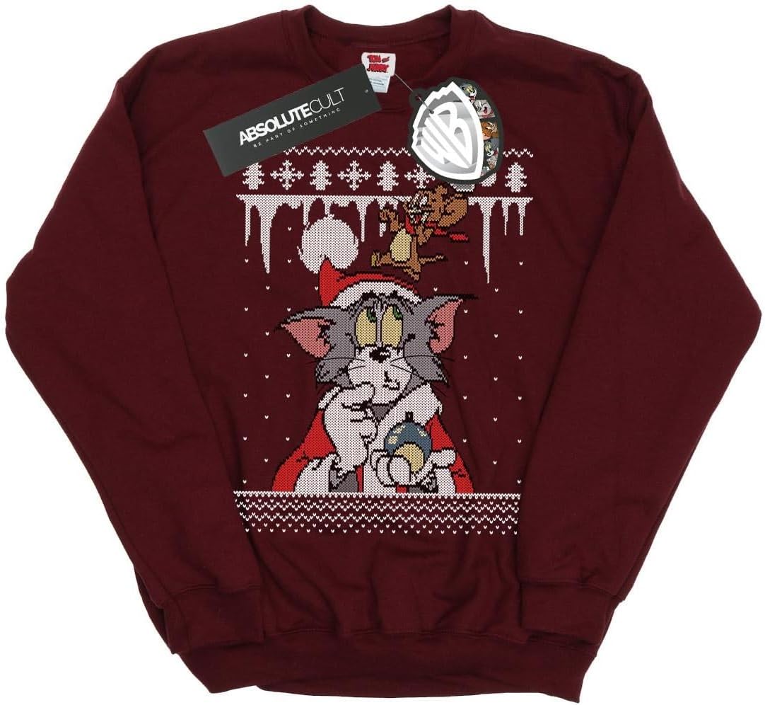TOM and JERRY Boys Christmas Fair Isle Sweatshirt 9-11 Years Burgundy