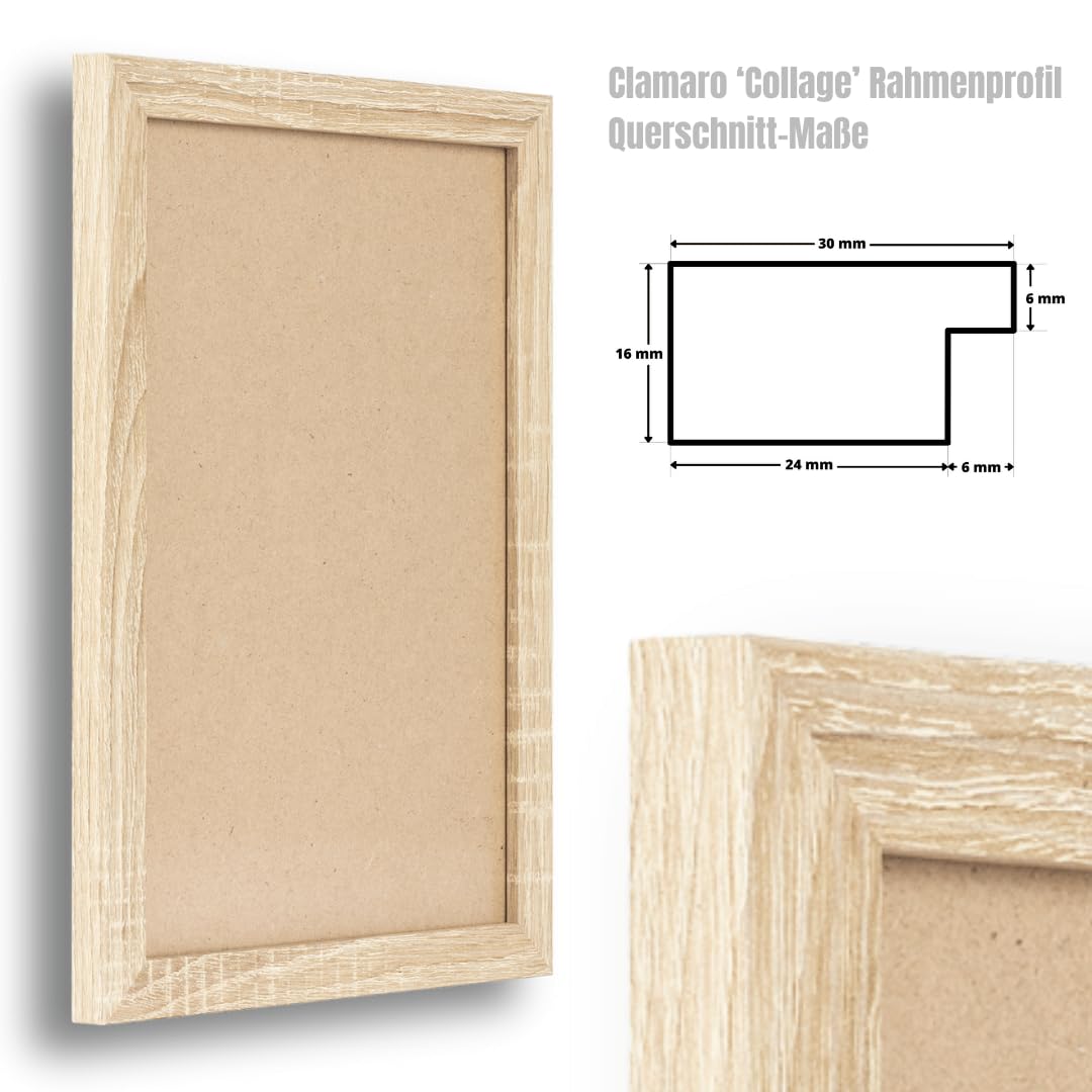 Clamaro 'COLLAGE' rama do obrazu 48x64 wykonana r?cznie na wymiar | D?b Sonoma | nowoczesna prostok?tna rama do obrazów z p?yty MDF z szybk? ze szk?a akrylowego, ?ciank? tyln? i zawieszk?