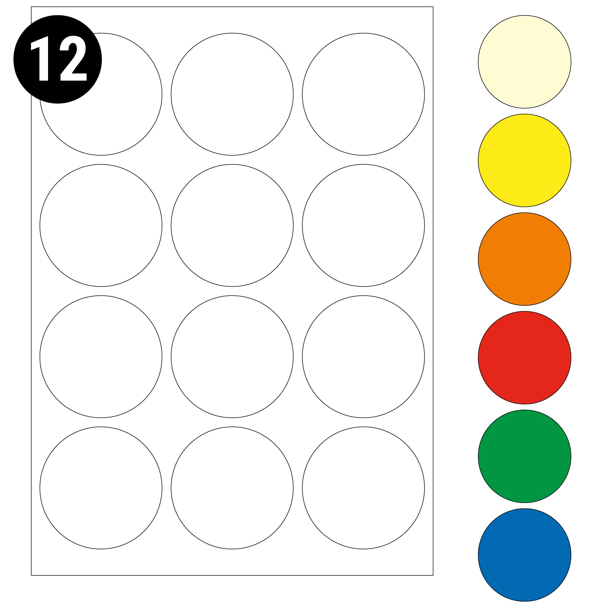 L&B Colour Range - Round Labels โ 10 Sizes & 7 Vibrant Colors โ A4 Sheet โ Compatible with Laser & Inkjet Printers (White, 64mm 12 Labels Per Sheet 100 Sheets)