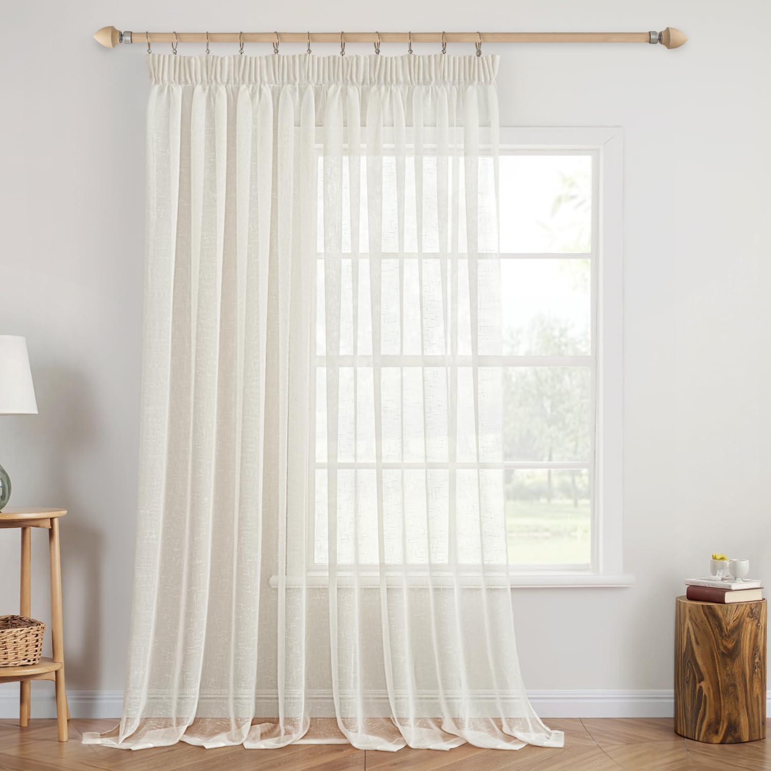 MIULEE Lot de 1 Voilage Lin Fenêtre Trans Ruban 300x245cm Lait | Voilages lin imitation transparents à ruban fronceur, décoration vintage pour intérieur
