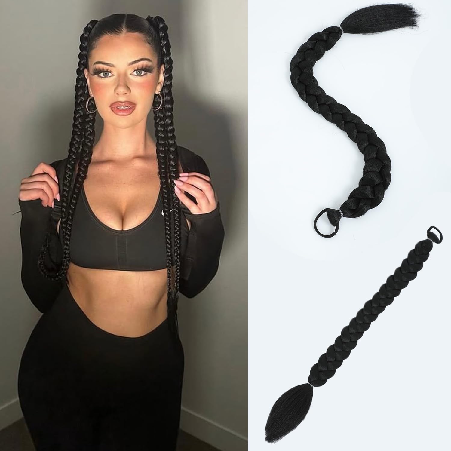 Ponytail Extension Ponytail-Extensions -for-Black-Women24inch 2pc Braided-Ponytails-Extension Braid-Extensions-Long-Braided-Ponytail-Extension(Natural Black)