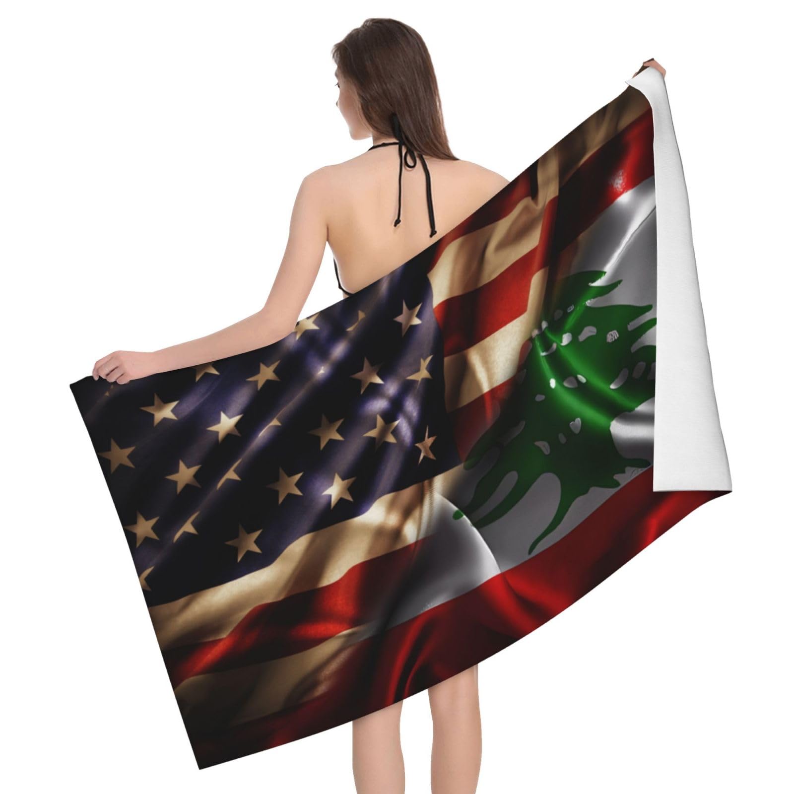 HLBSDM Microfiber Combined Lebanese and USA Flag Beach Towel Quick Dry Soft Sand Free Beach Towels for Pool Swim Beach Lightweight Thin Towels