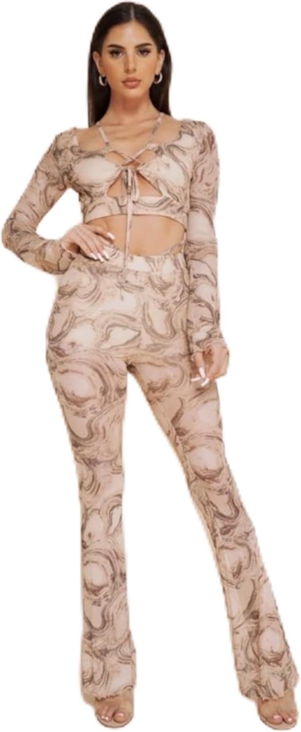 Marbling mesh crop top and bell-bottom pants set