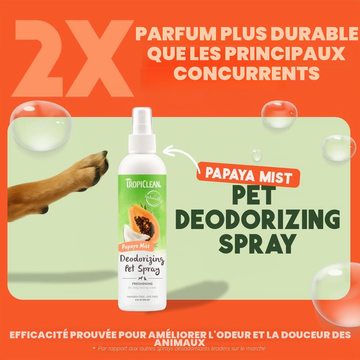 TropiClean Spray Désodorisant pour Animaux de compagnie Chiens & Chats - Parfum Longue Tenue - Sans Paraben & Sans Colorant - Brume de Papaye, 236 ml