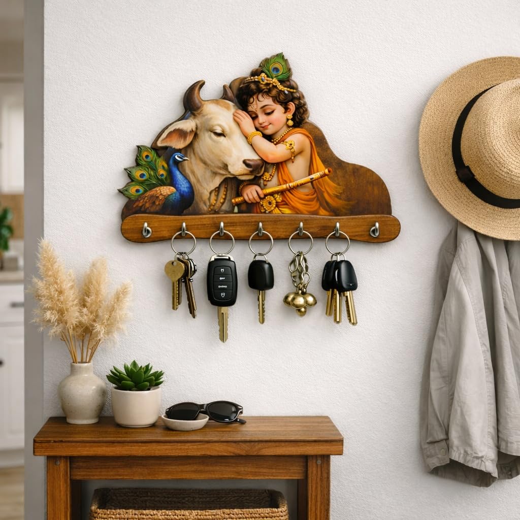 Handcrafted Krishna Wooden Key Holder for Wall | Decorative Key Stand with 5 Hooks | Premium Thai Wood Entryway Organizer for Home Decor-image-10