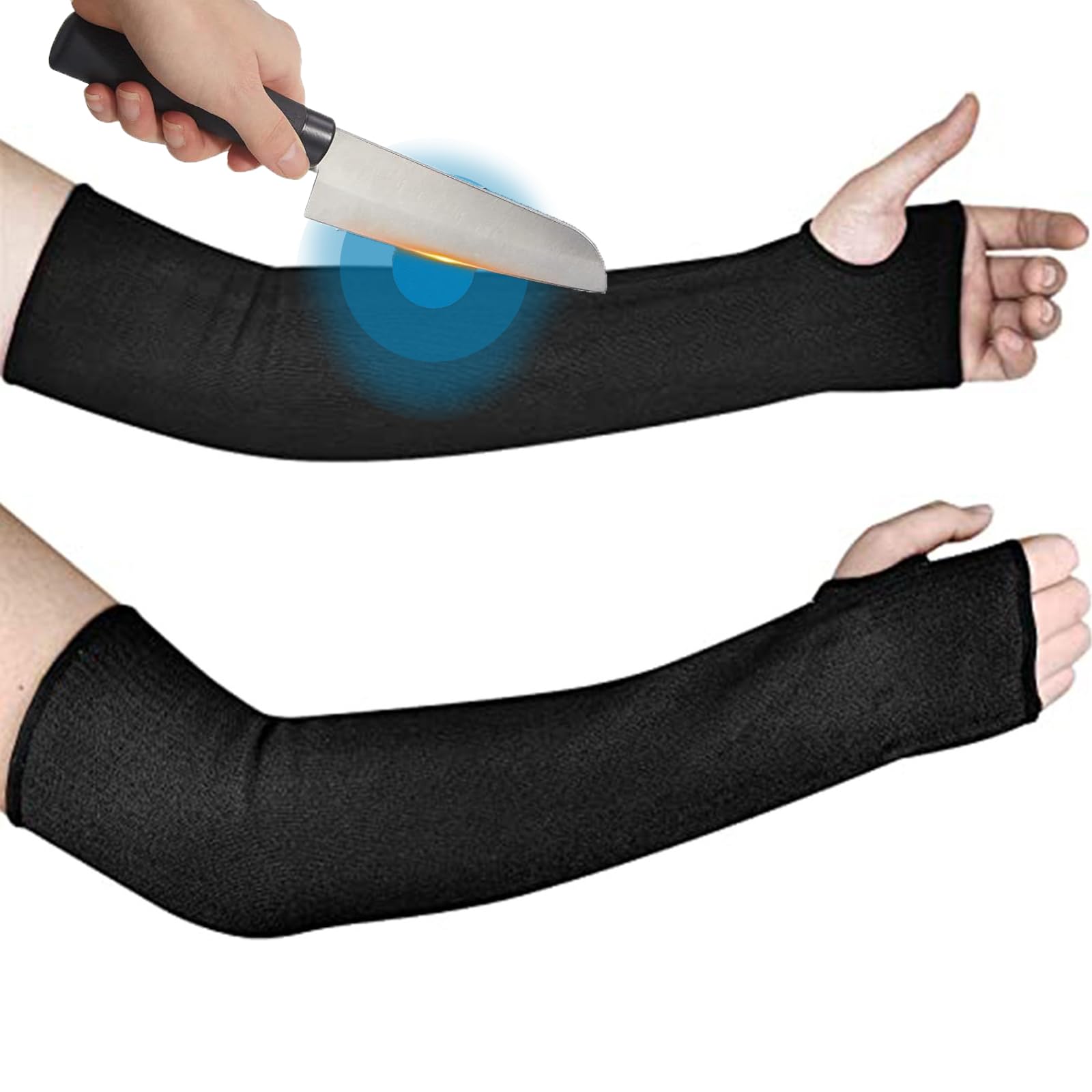 Cut Resistant Knit Sleeves with Thumb Slot, Arm Protection Sleeves, Protective Arm Sleeves for Arms Work, 45cm Arm Protectors for Thin Skin for Garden Kitchen Farm Work, Black, 1 Pair