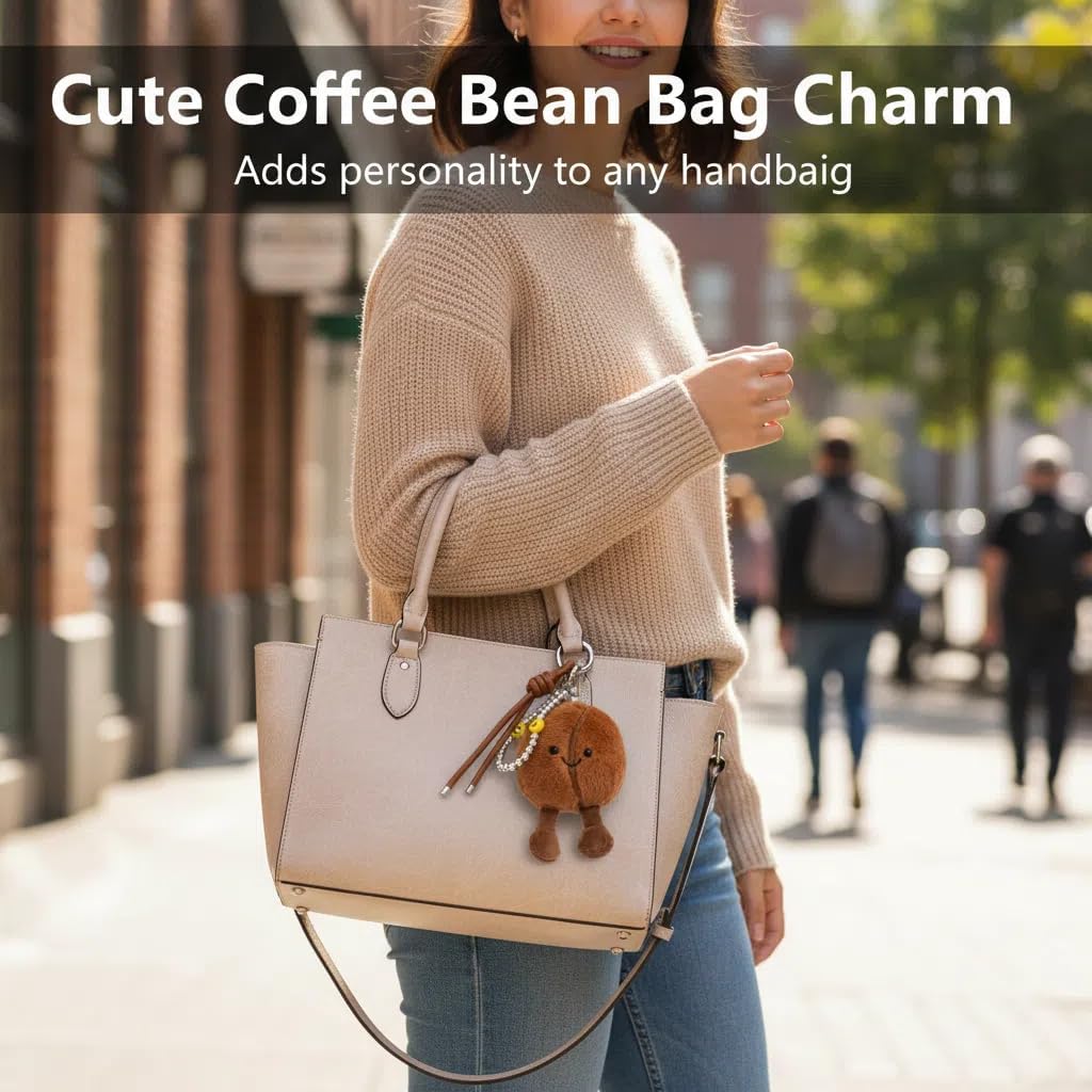 Coffee Bean Plush Keychain Adorable Smiling Face bag charm with Soft Stuffed Design Purse Keychain for Women - Image 4