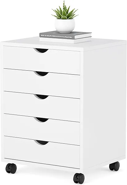 5 Drawer Mobile File Cabinet Under Desk Storage Organization with Wheels Vertical Filing Chest Rolling Wood Small Desk Printer Stand for Home Office, White