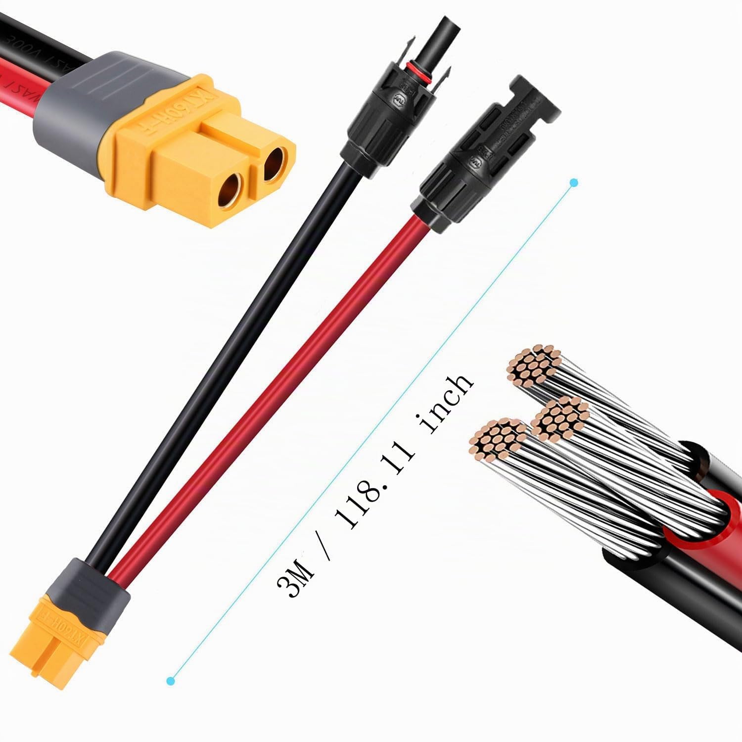 Cable solar de 3 m (XT60, 10 AWG, 6 mm2, compatible con Ecoflow, Bluetti, Anker)