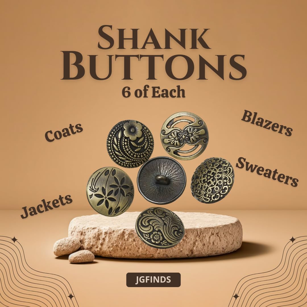 JGFinds Shank Button - 30 Pack, 6 of Each Assorted Design, Carved Bronze Tone Metal, Mixed Antique and Vintage Look Flowers and Wave Patterns, 17mm Diameter, Decorative Blazer Clothes Luxury Buttons