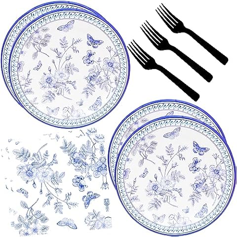 60Pcs Blue White Floral Party Supplies Flower Tableware Set 7"Blue and White Paper Plates and Blue White Floral Napkin Fork for Bridal Shower Wedding Tea Party Floral Birthday Party Decoration Serve20 Cover