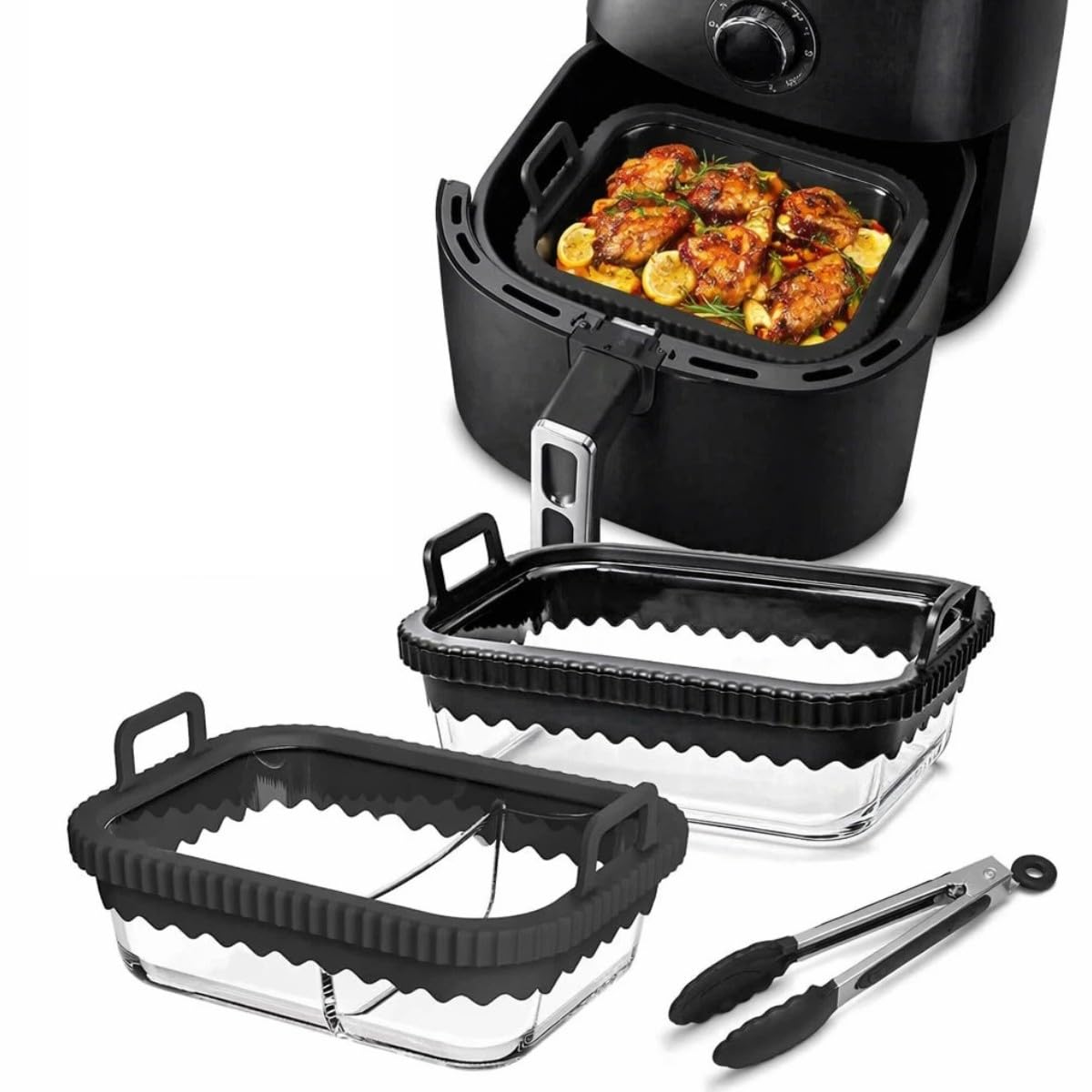 2 Pz Pirofila Airfryer con 1 Pinze da Cucina, 21x16x7 cm Teglia Vetro da Forno con Manici in Silicone Rimovibili Pirofila in Vetro Compatibile con Ninja AF400EU/DZ400EU/SL400EU/COSORI/AF500EU