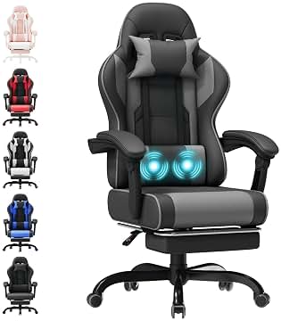 Silla Gaming Profesional con Masajeador, PU Silla de Juegos con Reposacabezas y Reposapiés,Silla de Oficina Ergonómica con Lumbar de Masaje, Reclinable 90-150°y Capacidad 150KG Gris-Negro