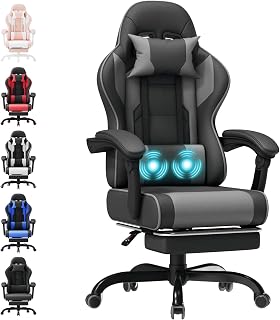 Silla Gaming Profesional con Masajeador, PU Silla de Juegos con Reposacabezas y Reposapiés,Silla de Oficina Ergonómica con Lumbar de Masaje, Reclinable 90-150°y Capacidad 150KG Gris-Negro