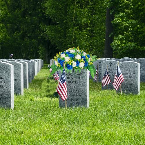 Lodou Artificial Cemetery Flowers, Silk Flower Arrangement,Artificial Rose Bouquet Grave Memorial Flowers with Headstone Saddle for Graveyard Headstones Decoration (1, Blue and Whi image 5