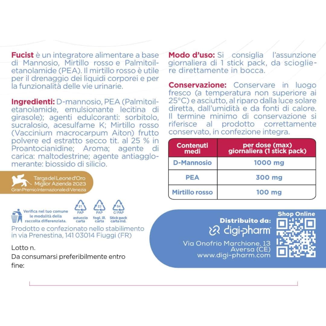 FUCIST Integratore Vie Urinarie con D-Mannosio 1000 Mg, Mirtillo Rosso e PEA Palmitoiletanolamide, Alta concentrazione per Candida Cistite in Stick Orosolubili pronti all'uso