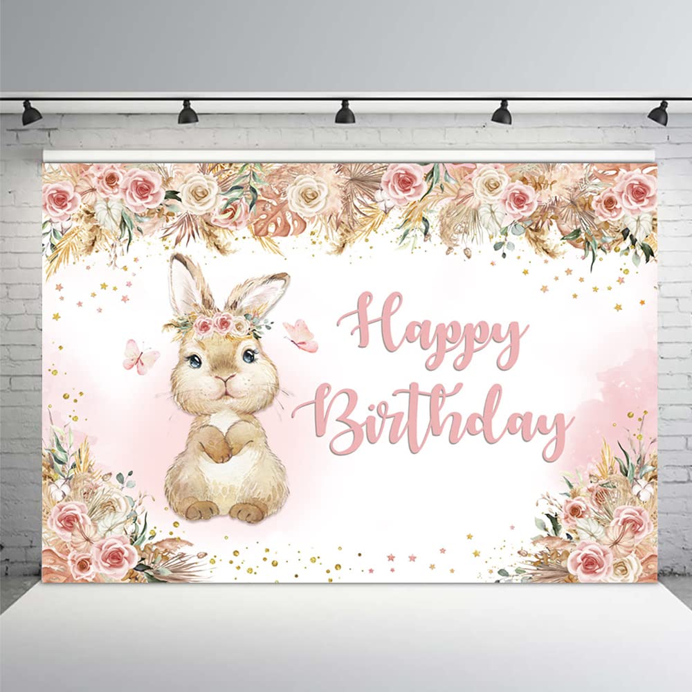 MEHOFOND Easter Happy Birthday Backdrop Boho Floral Bunny Birthday Party Decorations Banner Spring Easter Theme Birthday Background Rabbit Birthday