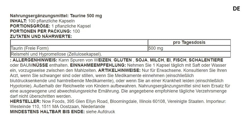 Now Foods - Taurine, 500mg | Acide Aminé pour le Soutien de la Santé Cardiaque et Énergétique - 100 Gélules