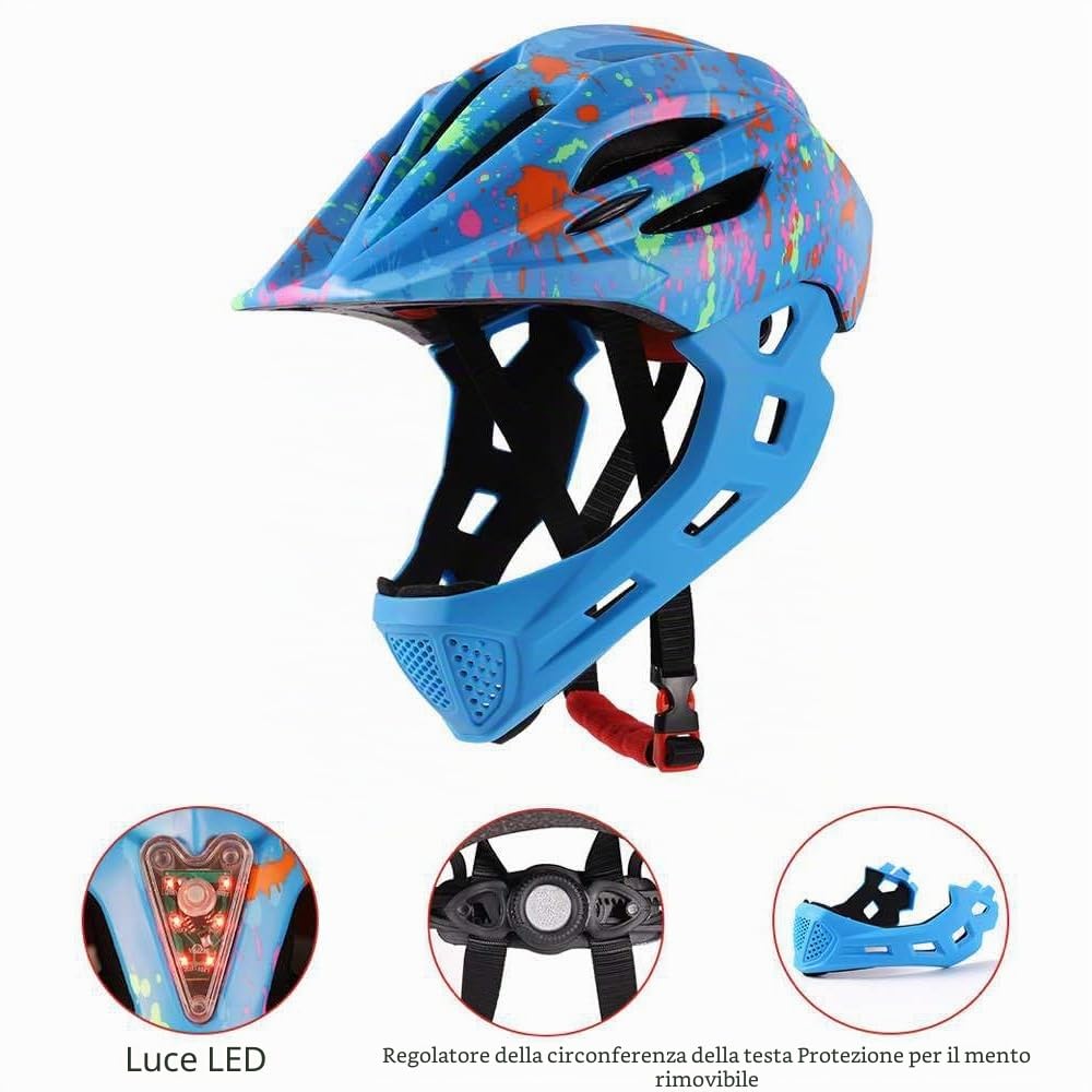 Lixada Casco integrale da bici per bambini, leggero, staccabile, con luce LED, per MTB, skateboard, scooter, pattinaggio, ciclismo, 46-54 cm