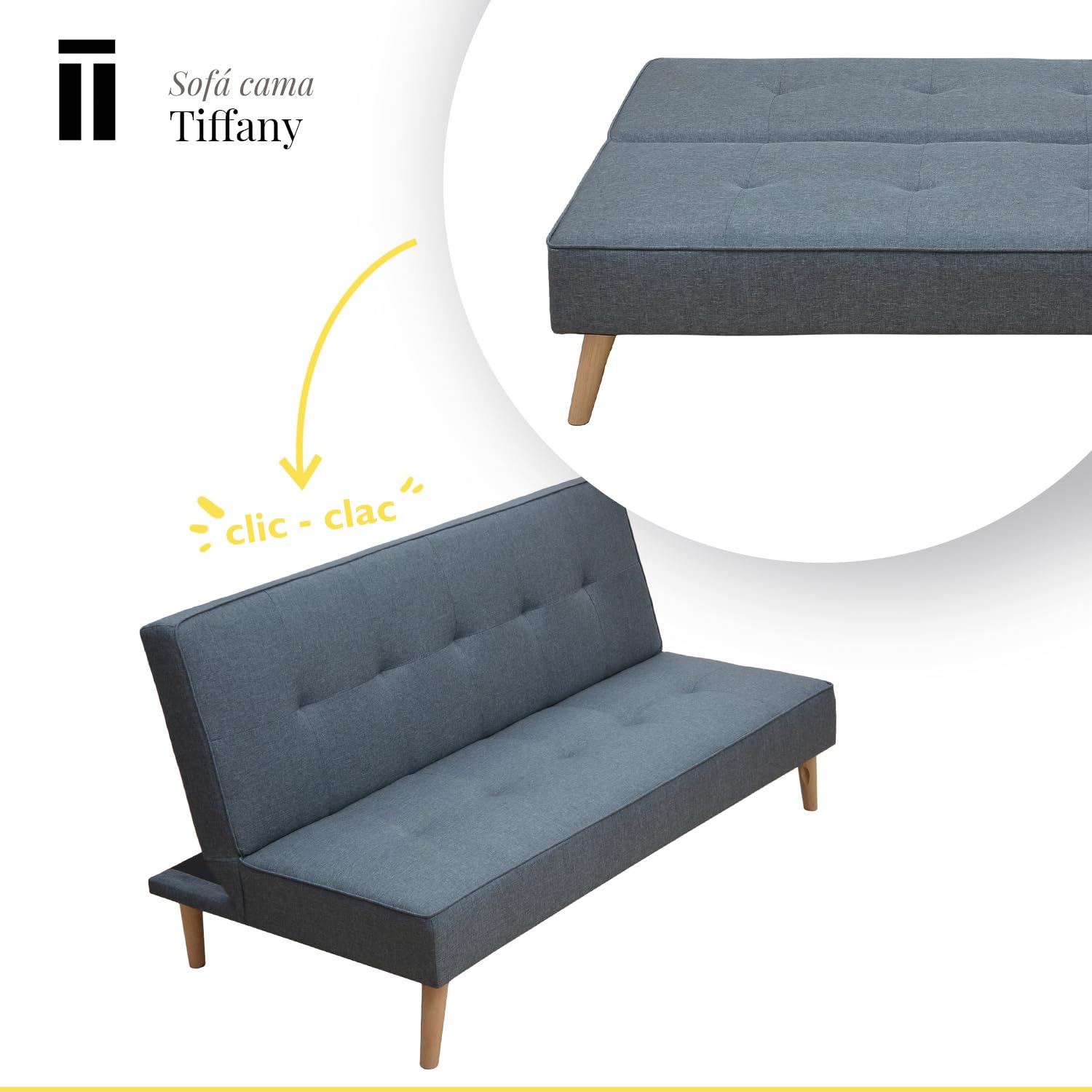 SHIITO | Sofá Cama de 2 Plazas | Modelo Tiffany - Apertura Clic-Clac | Mueble versátil y cómodo | Diseño Capitoné - En Gris - 188 x 88 x 88 cm