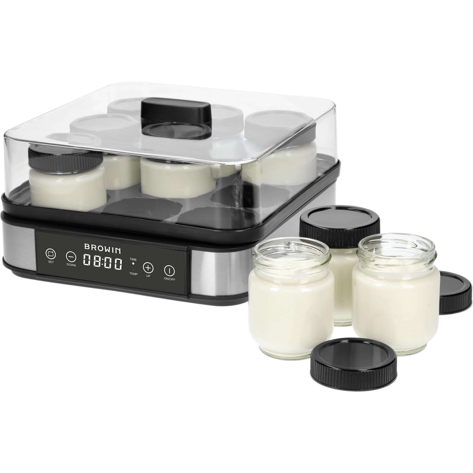 BROWIN Joghurt-Maker mit Thermostat, Joghurtbereiter mit 1,6 l Fassungsvermögen, 9 Gläser, Weiß | Temperaturbereich: 25-65°C | ür selbstgemachten Joghurt, enthält 9 Joghurtgläser mit Deckel